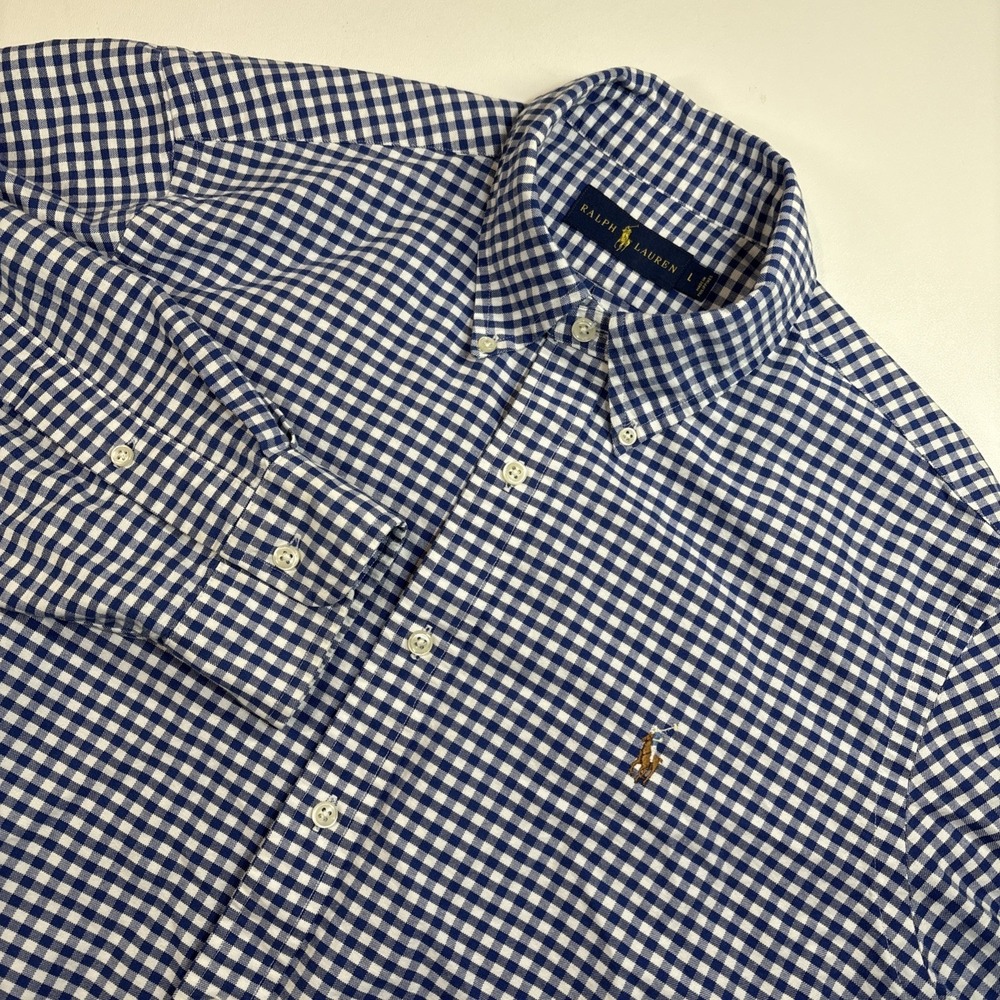 Polo Ralph Lauren Shirt Men Large Blue Plaid Button Up Flesh Pony Classic Fit